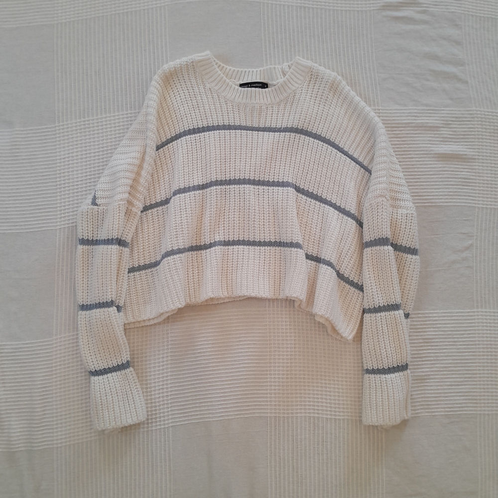 Striped White and Blue Cropped Chunky Knit Sweater Oversized Baggy